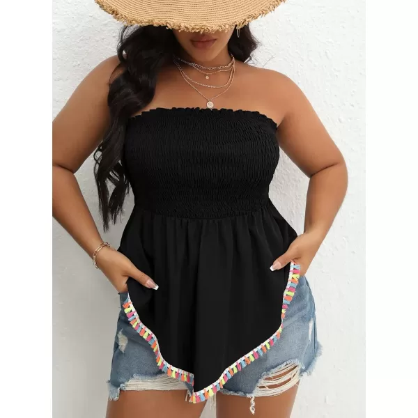 WDIRARA Women's Plus Size Shirred Tie Front Strapless Sleeveless Flare Hem Tube Peplum Top