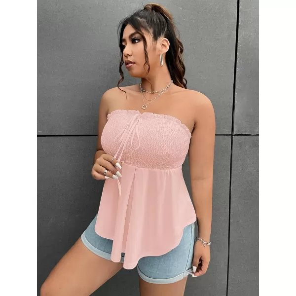 WDIRARA Women's Plus Size Shirred Tie Front Strapless Sleeveless Flare Hem Tube Peplum Top