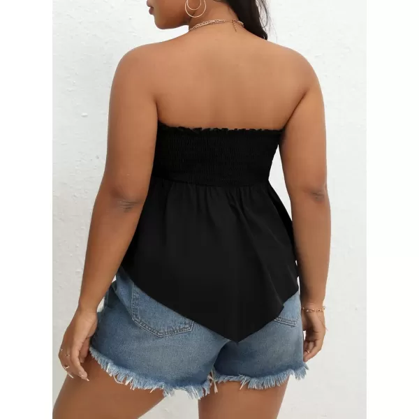 WDIRARA Women's Plus Size Shirred Tie Front Strapless Sleeveless Flare Hem Tube Peplum Top