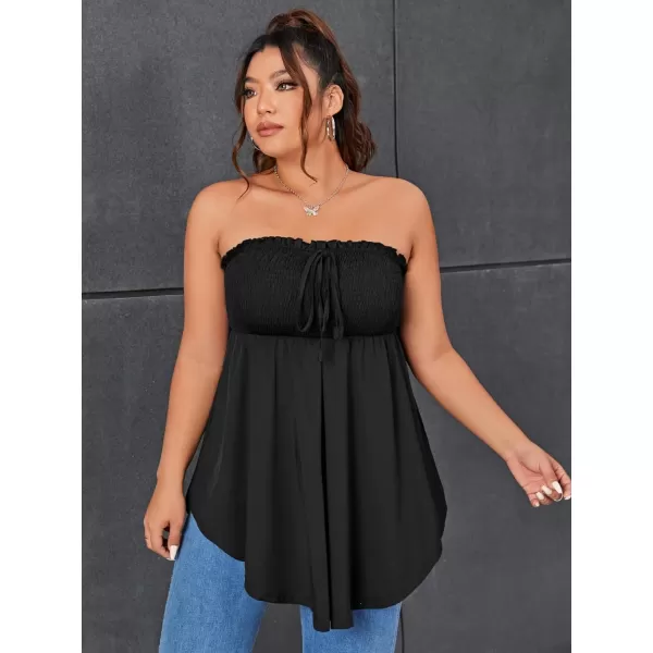 WDIRARA Women's Plus Size Shirred Tie Front Strapless Sleeveless Flare Hem Tube Peplum Top