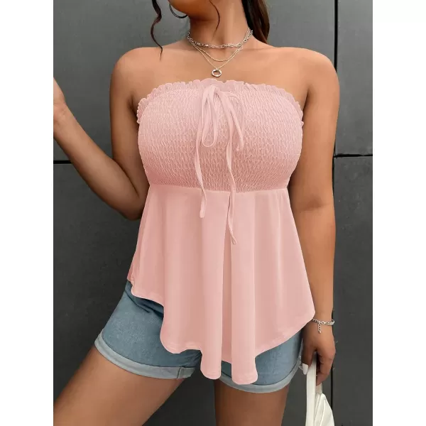 WDIRARA Women's Plus Size Shirred Tie Front Strapless Sleeveless Flare Hem Tube Peplum Top