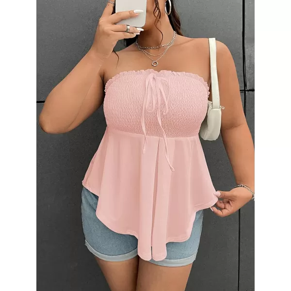 WDIRARA Women's Plus Size Shirred Tie Front Strapless Sleeveless Flare Hem Tube Peplum Top