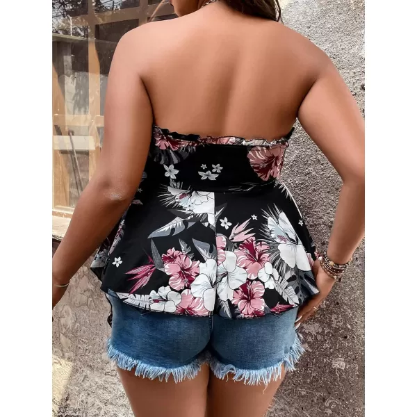 WDIRARA Women's Plus Size Shirred Tie Front Strapless Sleeveless Flare Hem Tube Peplum Top