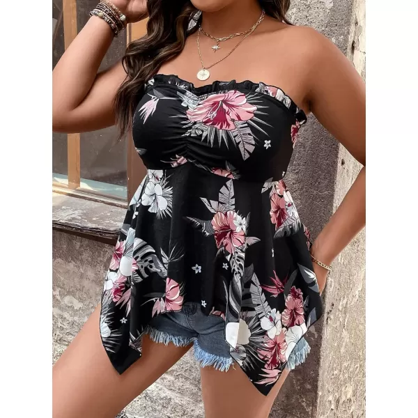 WDIRARA Women's Plus Size Shirred Tie Front Strapless Sleeveless Flare Hem Tube Peplum Top