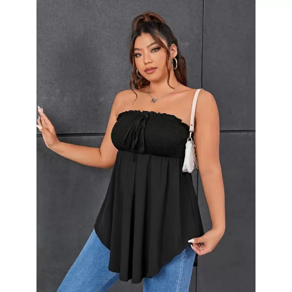 WDIRARA Women's Plus Size Shirred Tie Front Strapless Sleeveless Flare Hem Tube Peplum Top