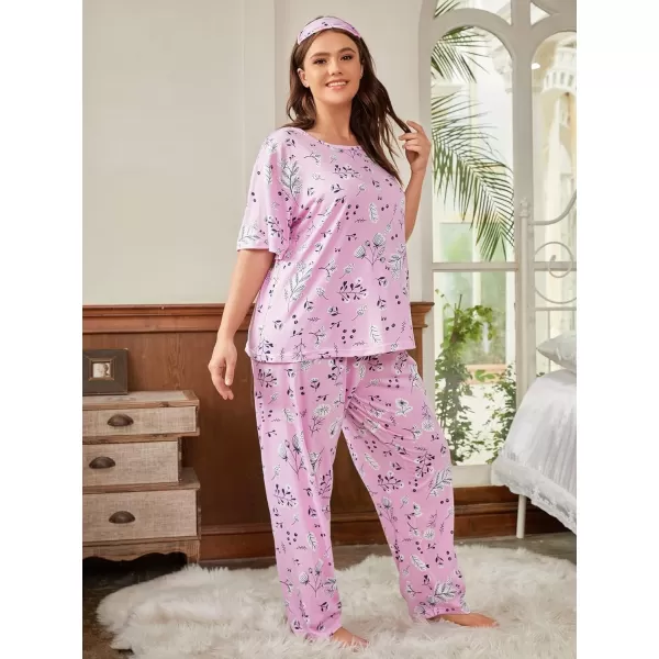 WDIRARA Women's Plus Size Short Sleeve Top And Pants Cute Pajama Lounge Set With Eyemask