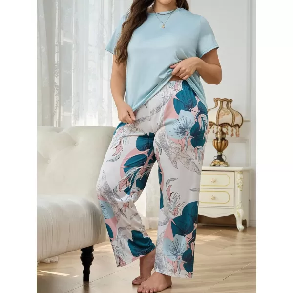 WDIRARA Women's Plus Size Short Sleeve Top And Pants Cute Pajama Lounge Set With Eyemask