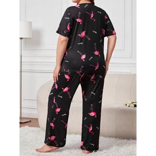 WDIRARA Women's Plus Size Short Sleeve Top And Pants Cute Pajama Lounge Set With Eyemask