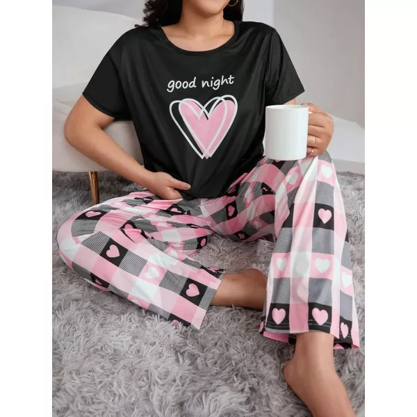 WDIRARA Women's Plus Size Short Sleeve Top And Pants Cute Pajama Lounge Set With Eyemask