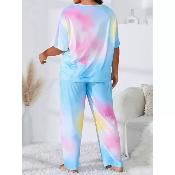 WDIRARA Women's Plus Size Short Sleeve Top And Pants Cute Pajama Lounge Set With Eyemask