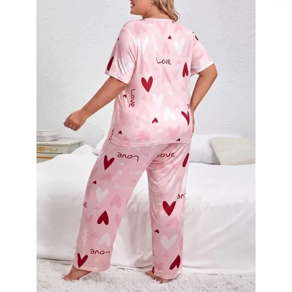 WDIRARA Women's Plus Size Short Sleeve Top And Pants Cute Pajama Lounge Set With Eyemask