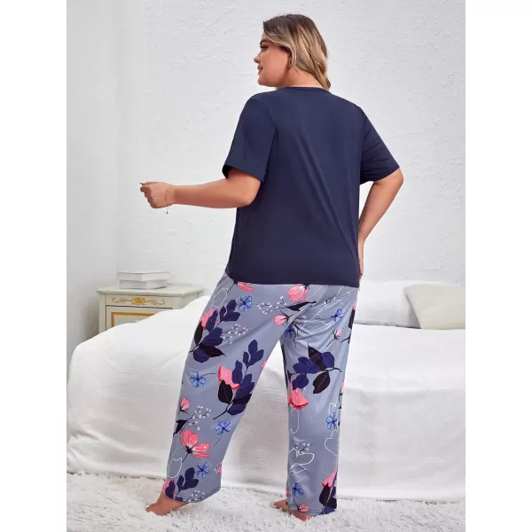 WDIRARA Women's Plus Size Short Sleeve Top And Pants Cute Pajama Lounge Set With Eyemask