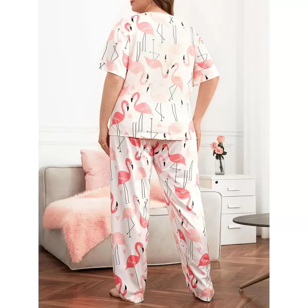 WDIRARA Women's Plus Size Short Sleeve Top And Pants Cute Pajama Lounge Set With Eyemask