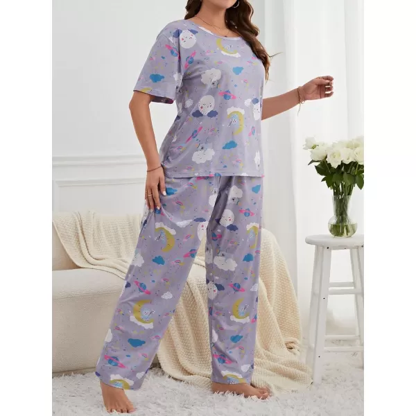 WDIRARA Women's Plus Size Short Sleeve Top And Pants Cute Pajama Lounge Set With Eyemask
