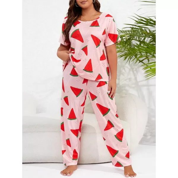 WDIRARA Women's Plus Size Short Sleeve Top And Pants Cute Pajama Lounge Set With Eyemask