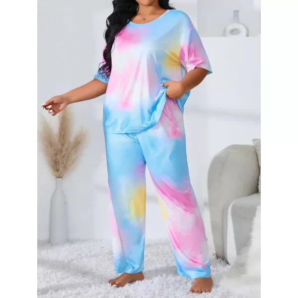 WDIRARA Women's Plus Size Short Sleeve Top And Pants Cute Pajama Lounge Set With Eyemask