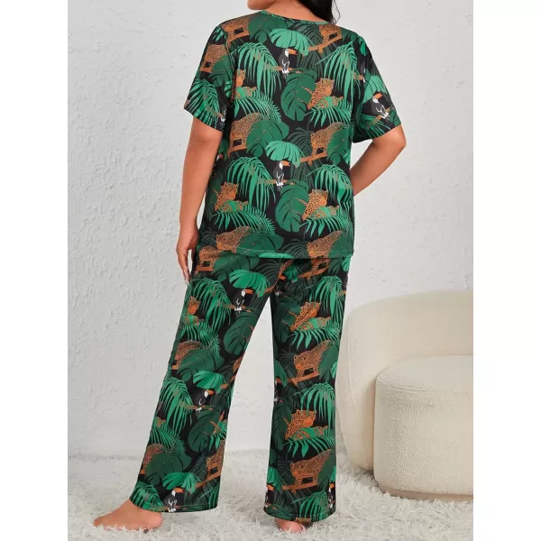 WDIRARA Women's Plus Size Short Sleeve Top And Pants Cute Pajama Lounge Set With Eyemask