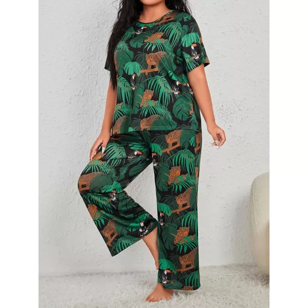 WDIRARA Women's Plus Size Short Sleeve Top And Pants Cute Pajama Lounge Set With Eyemask