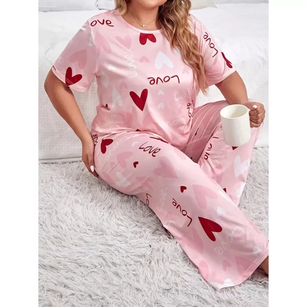WDIRARA Women's Plus Size Short Sleeve Top And Pants Cute Pajama Lounge Set With Eyemask