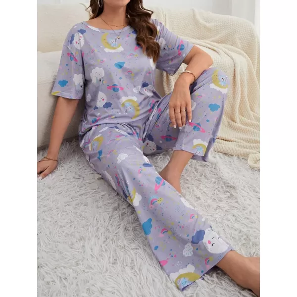 WDIRARA Women's Plus Size Short Sleeve Top And Pants Cute Pajama Lounge Set With Eyemask