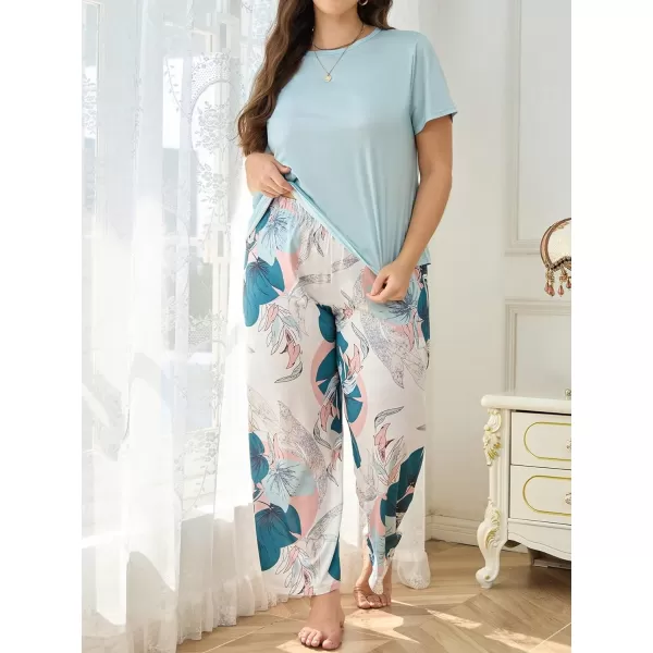 WDIRARA Women's Plus Size Short Sleeve Top And Pants Cute Pajama Lounge Set With Eyemask