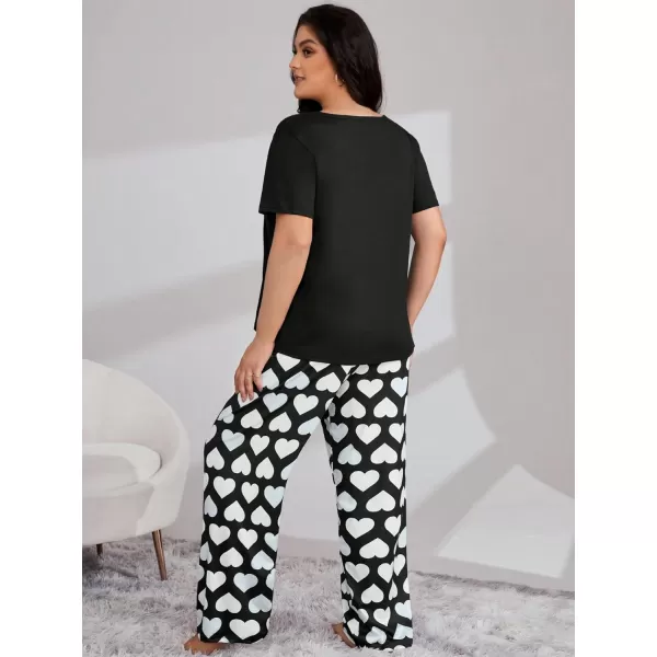 WDIRARA Women's Plus Size Short Sleeve Top And Pants Cute Pajama Lounge Set With Eyemask