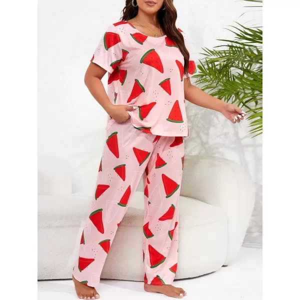 WDIRARA Women's Plus Size Short Sleeve Top And Pants Cute Pajama Lounge Set With Eyemask