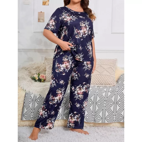WDIRARA Women's Plus Size Short Sleeve Top And Pants Cute Pajama Lounge Set With Eyemask
