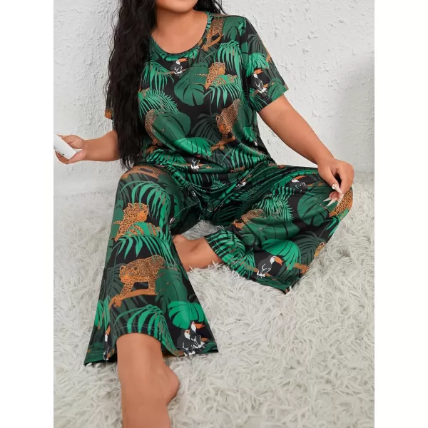WDIRARA Women's Plus Size Short Sleeve Top And Pants Cute Pajama Lounge Set With Eyemask