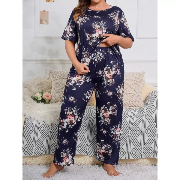 WDIRARA Women's Plus Size Short Sleeve Top And Pants Cute Pajama Lounge Set With Eyemask
