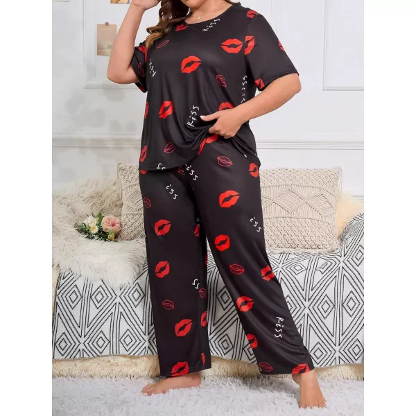 WDIRARA Women's Plus Size Short Sleeve Top And Pants Cute Pajama Lounge Set With Eyemask