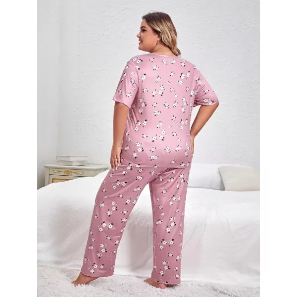 WDIRARA Women's Plus Size Short Sleeve Top And Pants Cute Pajama Lounge Set With Eyemask