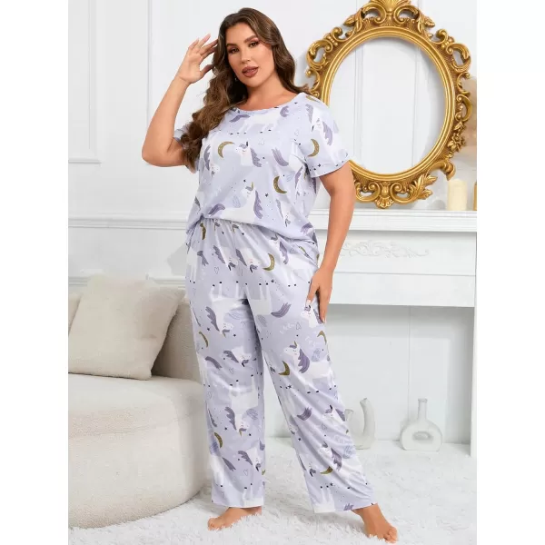 WDIRARA Women's Plus Size Short Sleeve Top And Pants Cute Pajama Lounge Set With Eyemask
