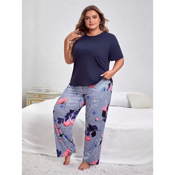 WDIRARA Women's Plus Size Short Sleeve Top And Pants Cute Pajama Lounge Set With Eyemask