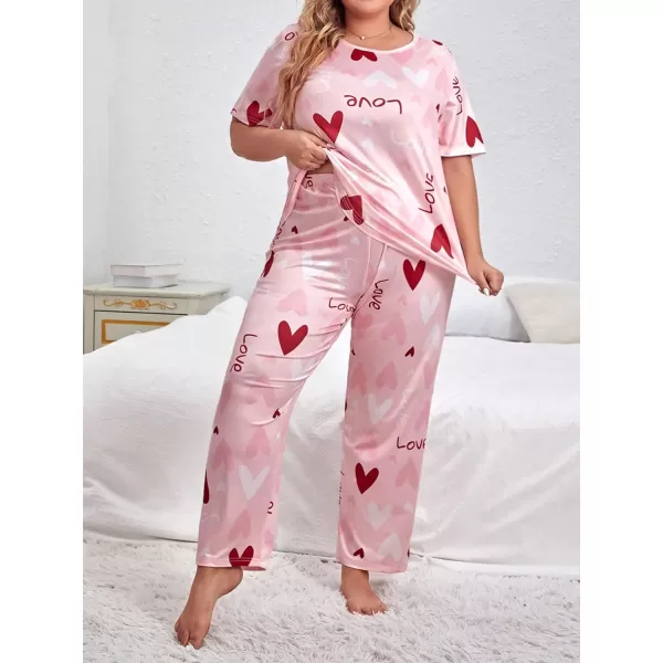 WDIRARA Women's Plus Size Short Sleeve Top And Pants Cute Pajama Lounge Set With Eyemask
