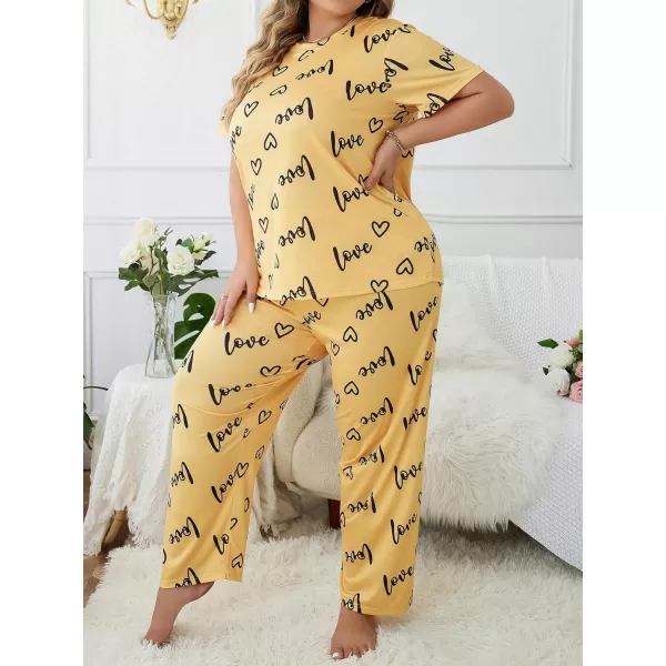 WDIRARA Women's Plus Size Short Sleeve Top And Pants Cute Pajama Lounge Set With Eyemask
