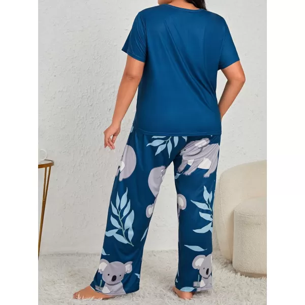 WDIRARA Women's Plus Size Short Sleeve Top And Pants Cute Pajama Lounge Set With Eyemask