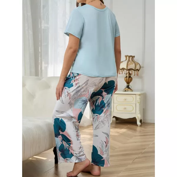 WDIRARA Women's Plus Size Short Sleeve Top And Pants Cute Pajama Lounge Set With Eyemask