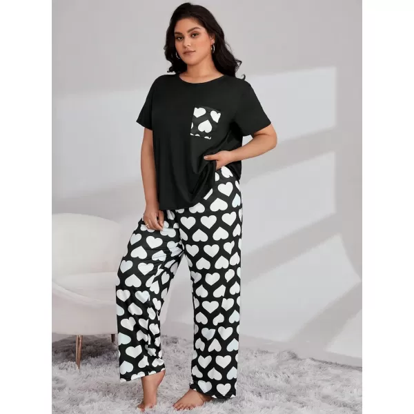 WDIRARA Women's Plus Size Short Sleeve Top And Pants Cute Pajama Lounge Set With Eyemask