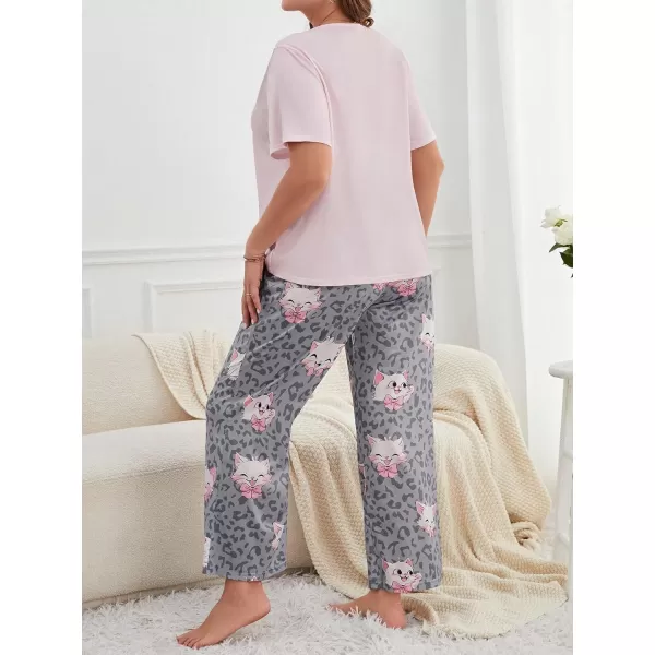 WDIRARA Women's Plus Size Short Sleeve Top And Pants Cute Pajama Lounge Set With Eyemask