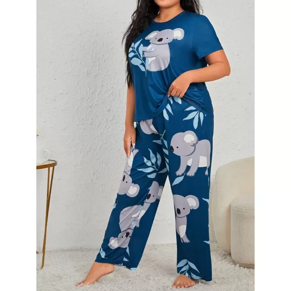 WDIRARA Women's Plus Size Short Sleeve Top And Pants Cute Pajama Lounge Set With Eyemask