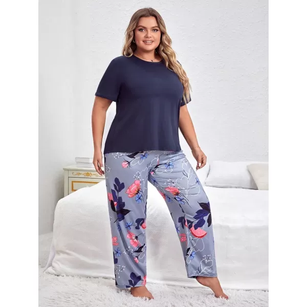 WDIRARA Women's Plus Size Short Sleeve Top And Pants Cute Pajama Lounge Set With Eyemask