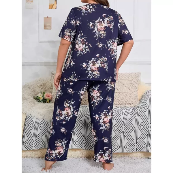 WDIRARA Women's Plus Size Short Sleeve Top And Pants Cute Pajama Lounge Set With Eyemask