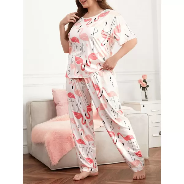 WDIRARA Women's Plus Size Short Sleeve Top And Pants Cute Pajama Lounge Set With Eyemask