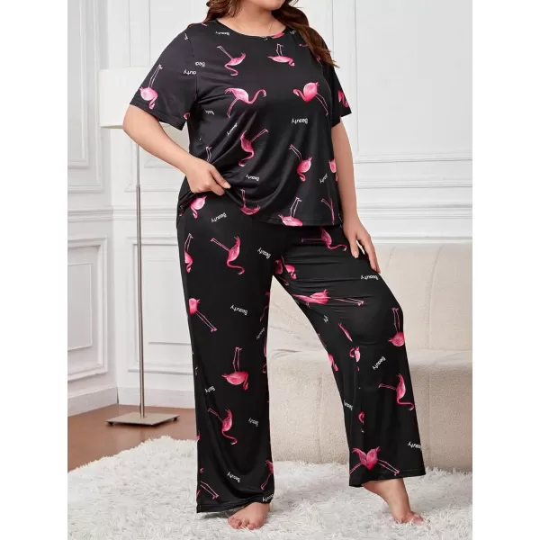 WDIRARA Women's Plus Size Short Sleeve Top And Pants Cute Pajama Lounge Set With Eyemask