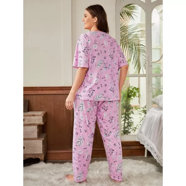 WDIRARA Women's Plus Size Short Sleeve Top And Pants Cute Pajama Lounge Set With Eyemask