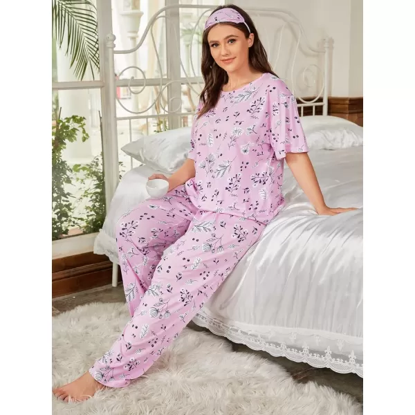 WDIRARA Women's Plus Size Short Sleeve Top And Pants Cute Pajama Lounge Set With Eyemask