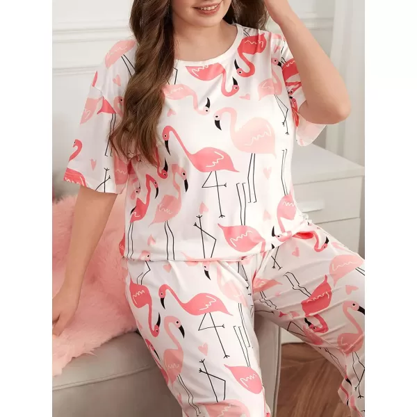 WDIRARA Women's Plus Size Short Sleeve Top And Pants Cute Pajama Lounge Set With Eyemask