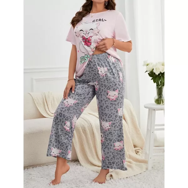WDIRARA Women's Plus Size Short Sleeve Top And Pants Cute Pajama Lounge Set With Eyemask