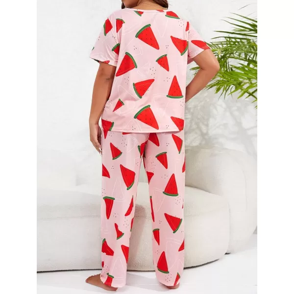 WDIRARA Women's Plus Size Short Sleeve Top And Pants Cute Pajama Lounge Set With Eyemask